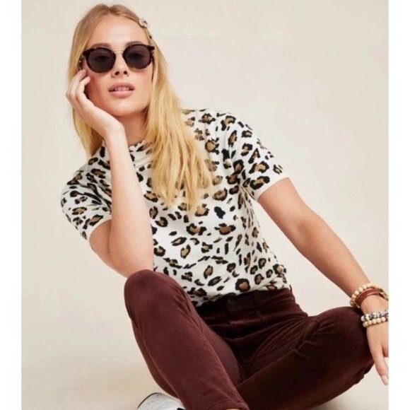 $118 Anthropologie Field Flowers Naomi Mock Neck Sweater Tee Leopard Extra SMALL - Picture 1 of 5
